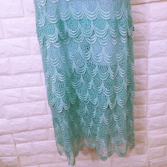 Vintage 70-80s Sheer Scalloped Lace Dress 6/8 Flutter Sleeve Snap-Back Turquoise - Picture 3 of 11